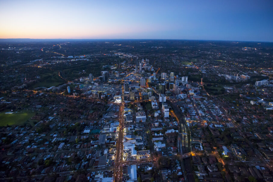 Nighttime-aerial-view-of-Parramatta- -Airview-Aerial-Photography